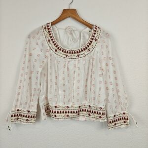 Anthropologie White Boho Blouse with Pink Dot Print and Burgundy Embroidery